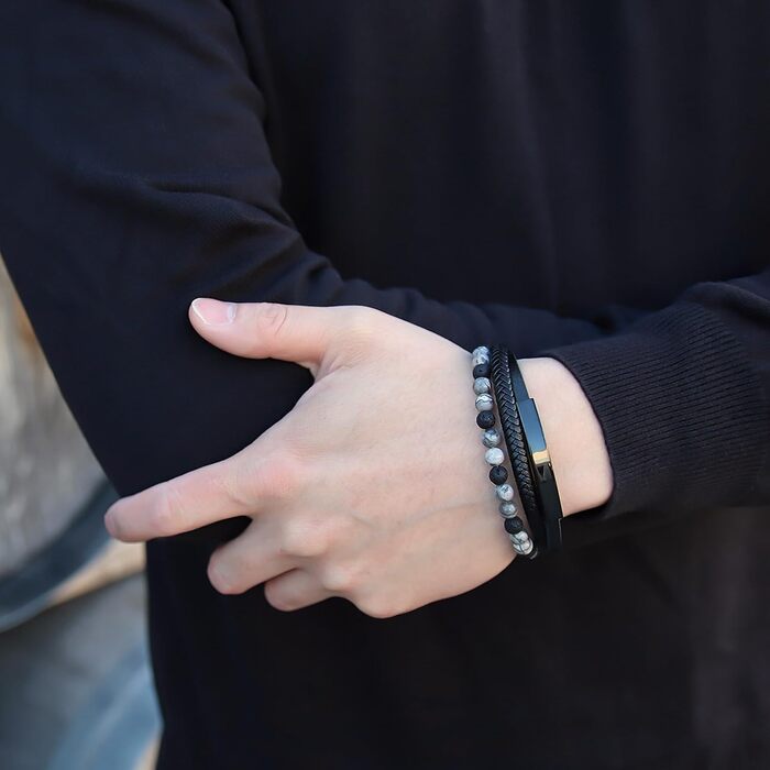 Чоловічий шкіряний браслет з тигровим оком та лавовим каменем | Ручна робота, гравірування, регульований магнітний замок | Чорний, коричневий, синій, срібний | Подарункова коробка