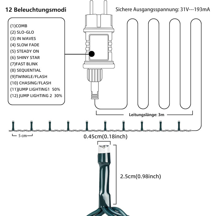 LED гірлянда WISD 13м, 200 LED, рожево-біла. Диммування, 12 режимів, таймер, EU штекер. Декоративне освітлення для дому, балкону, саду.