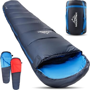 Сплячий мішок MOUNTREX® - компактний та ультралегкий (760г/1500г) - Outdoor (100GSM) / 3-4 сезони (300GSM) - Мумієподібний спальний мішок – кемпінг, подорожі, фестивалі – теплий та з'єднуваний (Темно-синій/Синій, 3 сезони - 1500г (RV Ліворуч))