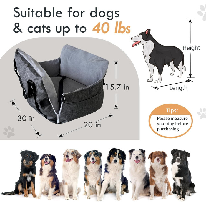 Автокрісло для собак - автокрісло-бустер для маленьких та середніх собак до 18 кг, з ременем безпеки та кишенями для зберігання, антиковзаюча підставка (смужка в морському стилі), сіре, 77x52 см