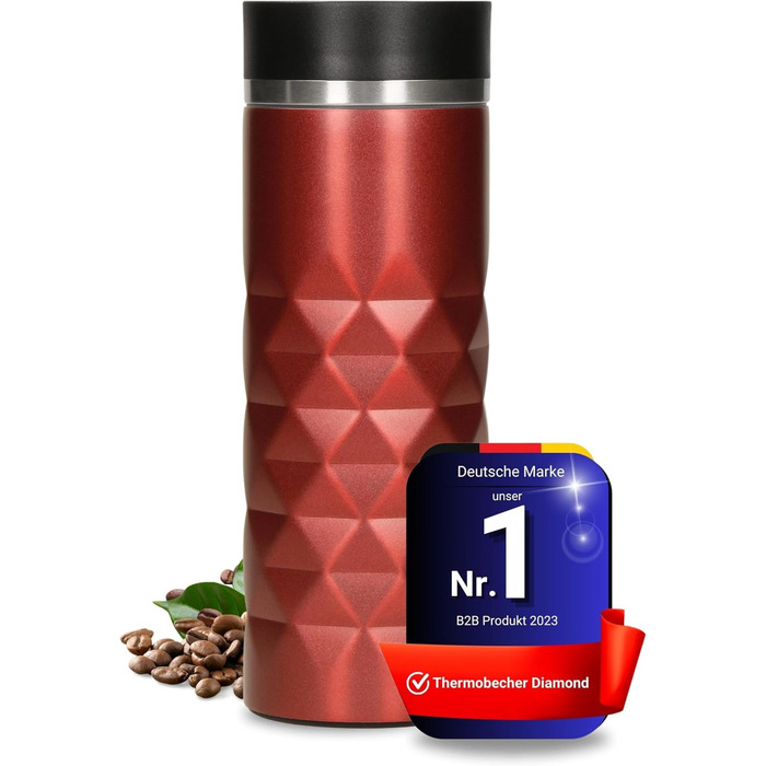 Термокружка Diamond з нержавіючої сталі Elasto Premium 450 мл, з кнопкою, витіканнями, BPA-free, для гарячих та холодних напоїв, матова блискуча (Рубіново-червона)