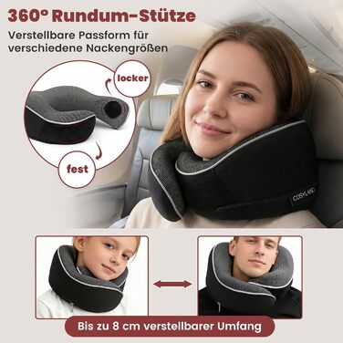 Подушка для шиї COSYLAND для літака та авто - Memory Foam, 360° підтримка, регульована, чорна. З маскою для сну та берушами