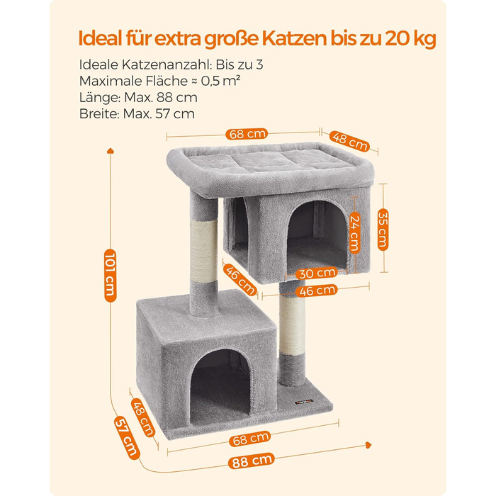 Feandrea Cat Tree, 84 cm Cat Tree, L, Cat House for Large Cats up to 7 kg, Large Platform, 2 Cat Caves, Sisal Posts, PCT61W (XL (68 x 48 x 101 cm), Light Grey)