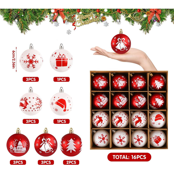16 шт. прикрас для ялинки Homewit, 6 см, червоно-білі ялинкові кулі, набір для ялинки, святкова декорaція