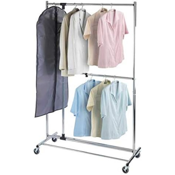 WENKO Clothes Rack, Folding, Clothes Storage with Adjustable Clothes Rail and Wheels, Plastic/Metal, 88 x 100-168 x 11-49 cm, Chrome/Grey (188 x 49 x 116 cm)
