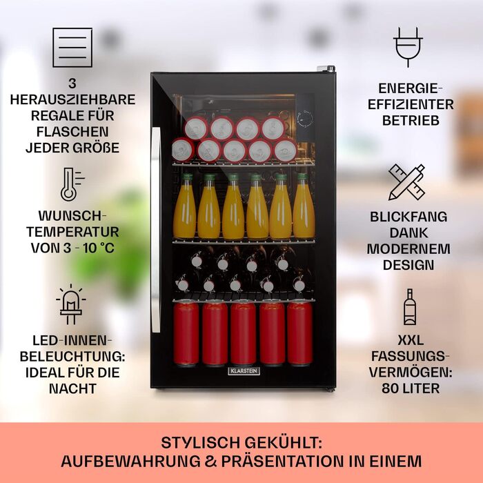 Міні-холодильник Klarstein: 80 л, чорний, для офісу, кемпінгу, з 3 полицями, температура 3-10°C