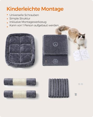 Feandrea Cat Tree, 84 cm Cat Tree, L, Cat House for Large Cats up to 7 kg, Large Platform, 2 Cat Caves, Sisal Posts, PCT61W (XL (68 x 48 x 101 cm), Smoke Gray)