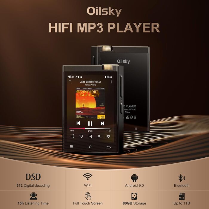 Портативний аудіоплеєр Oilsky з Bluetooth та WiFi, 80GB, Android 9.0, 2.8