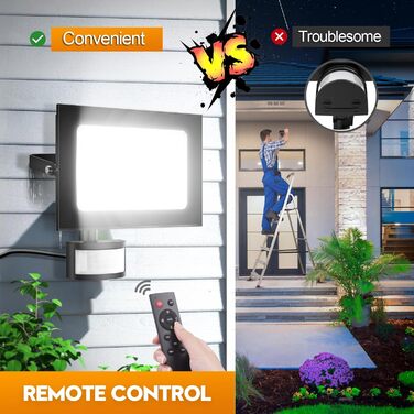 papasbox 2-Piece 100W LED Floodlights with Motion Sensor and Light Sensor | Outdoor Floodlights/Spotlights with Remote Control | 6500K Cold White IP66 Waterproof Floodlight for Garden, Garage, Sports Field
