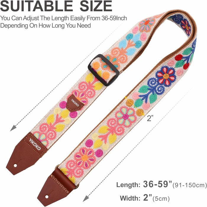 Гітарний ремінь 5,1 см з бавовни з шкіряними кінцями для бас, електро- та акустичних гітар (Квіткова візерунок 01)