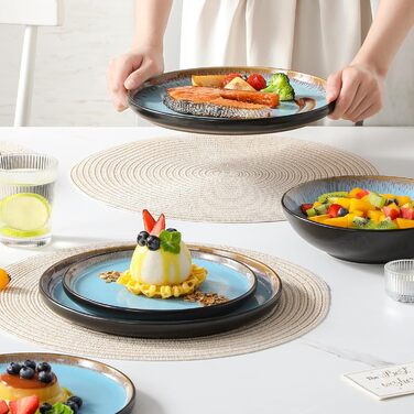 Набір посуду Steingut 24 штуки Vancasso AMBER: тарілки, супові тарілки, десертні тарілки, миски, реактивна глазур, морський блакитний, для 6 осіб, стійкий до миття в посудомийній машині