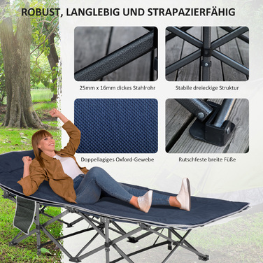Outsunny Folding Camping Bed, Folding Field Bed, with Pillow, Side Pocket, Mattress, Guest Bed, Supports up to 150 kg, Travel, Outdoor, Oxford, Dark Blue, 188 x 64.5 x 53 cm | Aosom