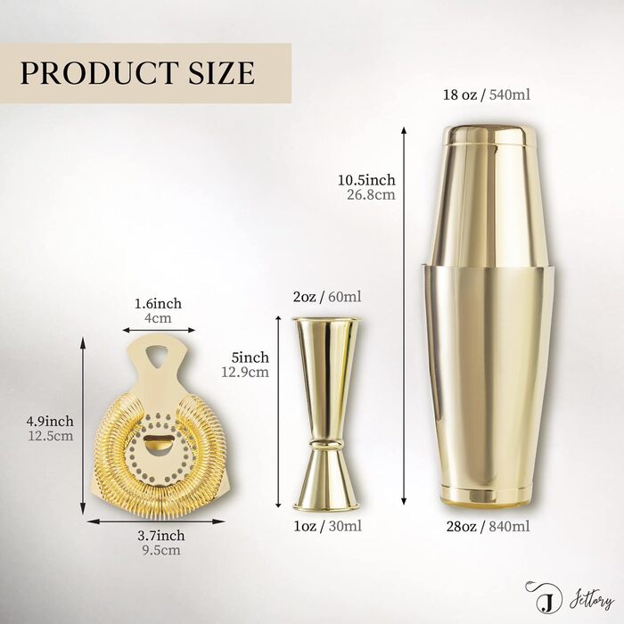 Boston Shaker Set - 4-Piece Cocktail Shaker Kit with 18/28 oz Boston Shaker Stainless Steel, Strainer, and Jigger, in a Stylish Gift Box - Ideal for Home Bar Use. (Gold)
