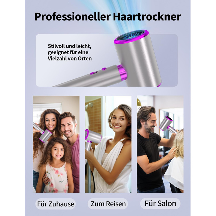 Іонний фен 2400W з холодним/гарячим режимом, 3 температури та 2 швидкості, дифузор та концентр, терморегуляція для дому, подорожей та салону краси