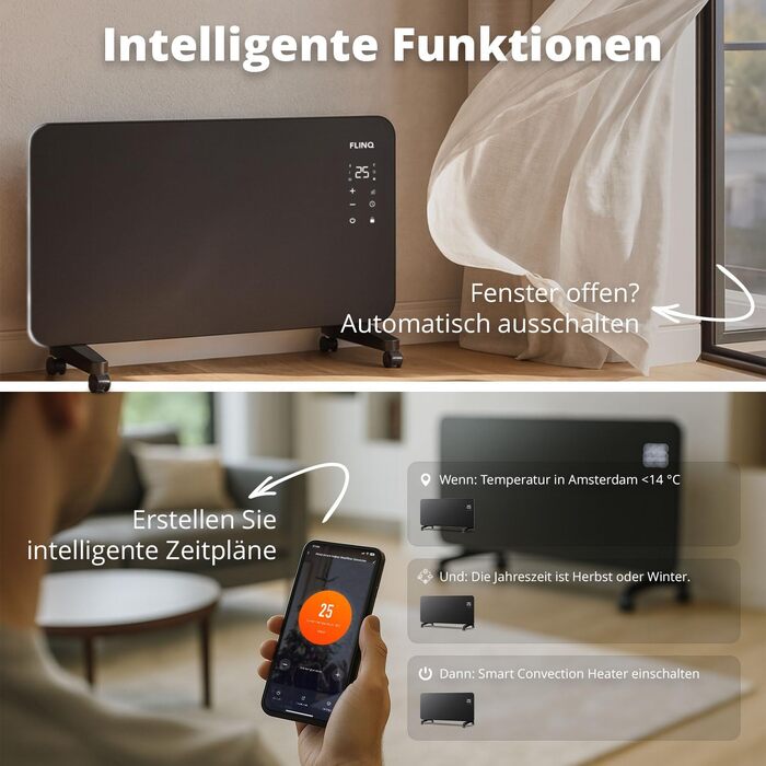 Розумний конвектор FlinQ Smart 2000W, електричний обігрівач (96 x 46 x 13 см), чорний