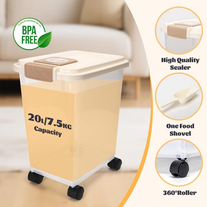 Контейнер для корму для собак та котів Nobleza з роликами, 20L, з індикатором дати, повітряний, прозорий