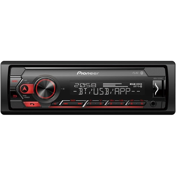 Автомагнітола Pioneer MVH-S320BT 1DIN з Bluetooth, USB, AUX, RDS, німецьке меню, чорна/червона, напівглибока установка, Smart Sync, гучний зв'язок