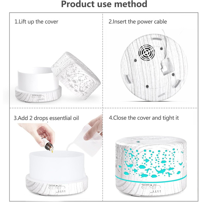 Аромадифузор Hianjoo 700 мл з таймером, ультразвуковий, LED, 7 кольорів, для офісу, йоги, спа, спальні - світле дерево (біла деревина)
