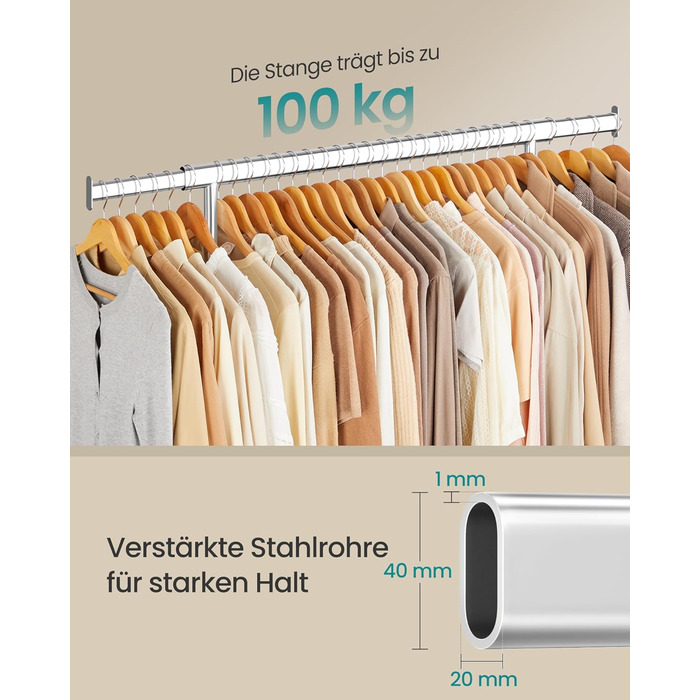 SONGMICS Clothes Rack on Wheels, Heavy-Duty Garment Rack, Extendable Clothes Rod, Load Capacity up to 100 kg, Easy Assembly, Portable, Silver HSR13S