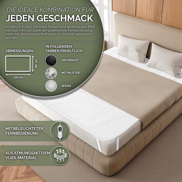 Електрична ковдра Sinnlein Doppel-Wärmeunterbett 160x140 з автовимкненням та 2 зонами нагріву | Ковдра з 3 рівнями температури | Підстилка під ковдру | Тепла ковдра з м'якого флісу (Без візерунка, 150 x 80 см)