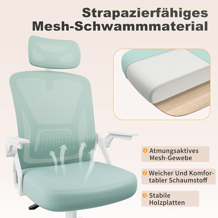 Офісний стіл Naspiro Bürostuhl: ергономічний стілець з сітчастою спинкою, підтримкою попереку, м'яким сидінням та регулюванням висоти. Кольори: сірий (зелений), з підголівником. Для дому та офісу.