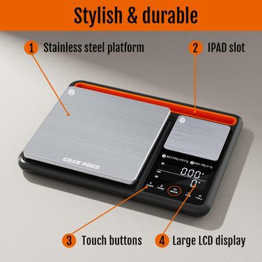 Кухонні ваги GRAM PRES Duale Plattform - цифрові ваги для їжі та продуктів, 0,01г/300г & 1г/10кг, чорний колір з нержавіючою сталлю