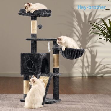 Котячий будиночок Hey-brother Kratzbaum 108 см, багатоярусний котячий комплекс з когтеточками, рампою, кошиком, будиночком та іграшкою-помпоном (димно-сірий), MPJ007SW