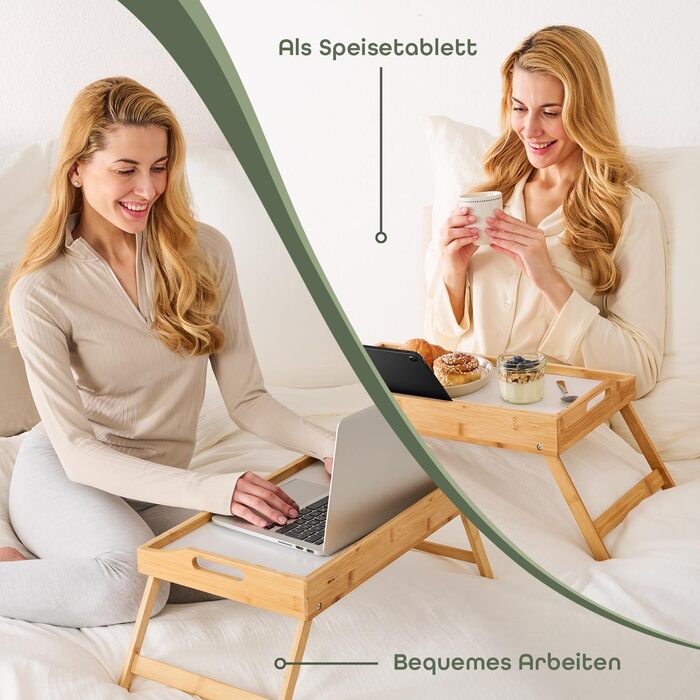Бамбуковий приліжкові столики Blumtal з дерев'яною підпоркою для планшетів/телефонів - піднос для сніданку в ліжко - складаний приліжкові столики 50 x 30 x 6 см - сервірувальний піднос на ніжках - стійкий приліжкові столики (Білий)