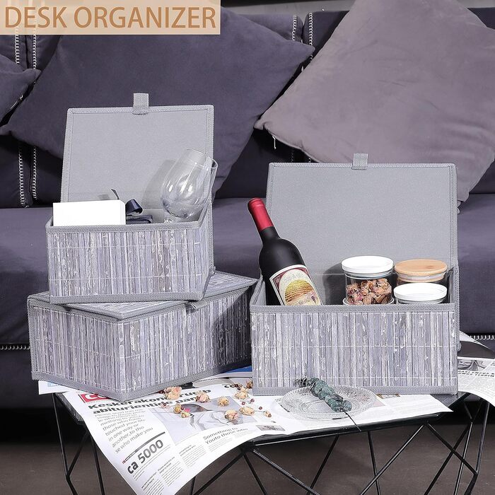 Honeycomb Storage Basket with Lid, Woven - Bamboo Decor Storage Boxes, Set of 3 Rattan Basket with Lid Woven Fabric Insert for Bathroom Kitchen Shelf Organization (Large/Medium/Small) (Gray Marble)