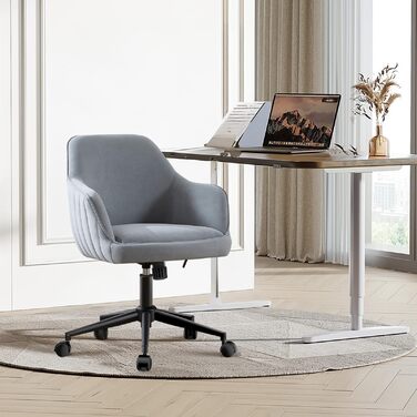 Офісний стілець для дому та офісу до 136 кг, обертовий, оксамитовий, з підлокітниками та колесами, ергономічний, зручний для жінок та дівчат, регульована висота, спальня, домашній офіс (Сірий, Оксамит)