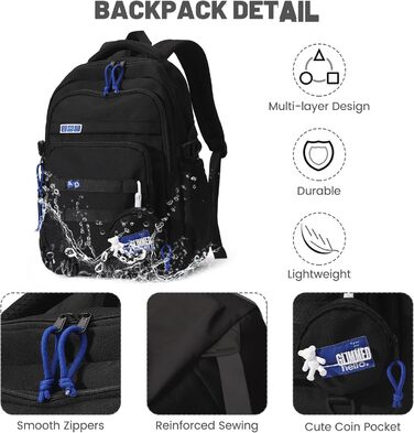 Шкільний рюкзак для дівчаток-підлітків, водонепроникний, легкий, великої місткості, модний, для школи або подорожей (чорний)