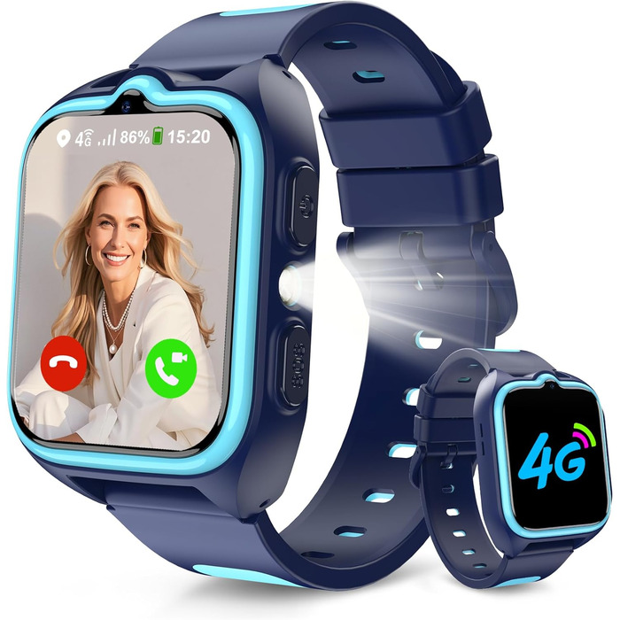 Дитячий розумний годинник з SIM-карткою, GPS-трекер, SOS, 4G, ліхтарик, IP67, для дівчаток та хлопчиків, блакитний