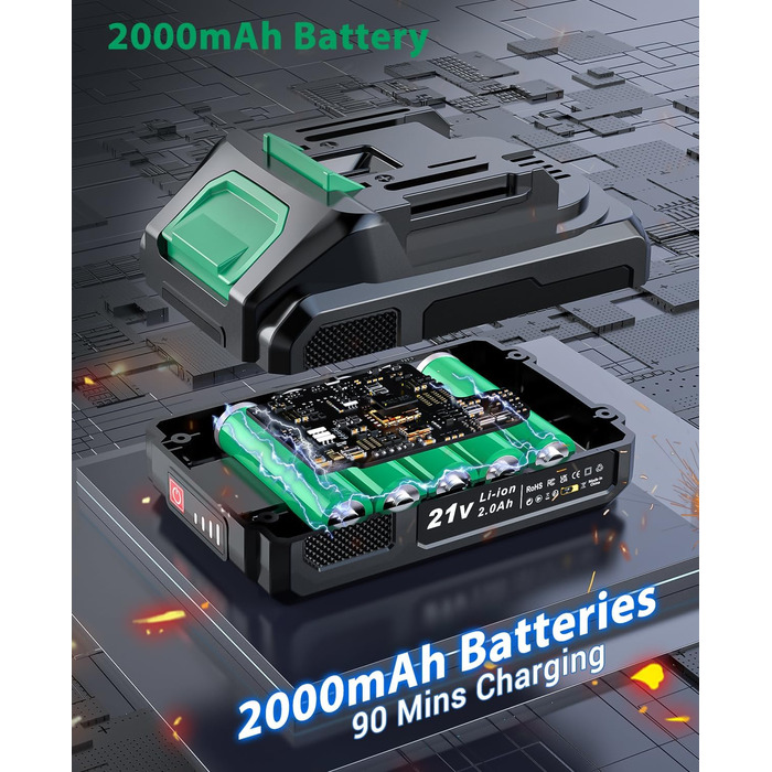 Акумуляторний шуруповерт безщітковий 21V BETENST з акумулятором 2.0Ah, 45Nm, 20 моментів, патрон 10mm, 2 швидкості, 20-ти елементний набір для дому, саду та DIY проектів (зелений)