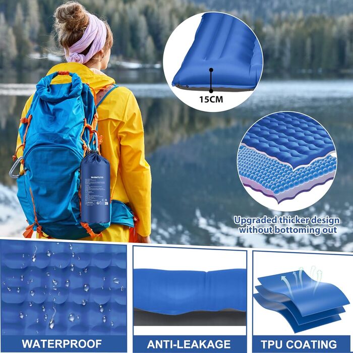 Isomatte Camping Mat - Self-Inflating Sleeping Pad, 12cm Thick, Compact, Waterproof Air Mattress with Foot Pump & Pillow, Anti-Ripstop Sleeping Mat for Hiking & Beach - Blue