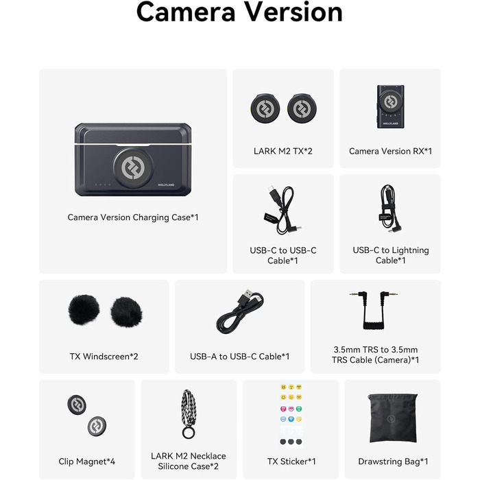 Hollyland Lark M2 Бездротовий петличний мікрофон для iPhone 17/16/15 та Android, 300м радіус дії, Hi-Fi звук, 30 год роботи від акумулятора (версія для камери)