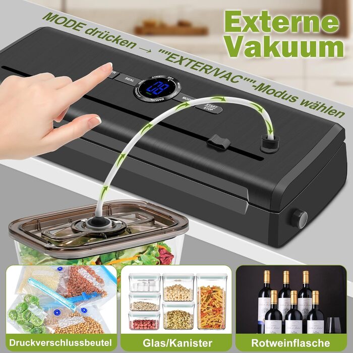 Вакуумний пакувальник KLGFI 7-в-1: професійний апарат для пакування продуктів з подвійною зварювальною швом, з нарізкою та цифровим лічильником. У комплекті 50 вакуумних пакетів. Чорний колір.