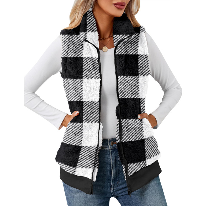 Жіноча жилетка з м'якого флісу IECCP: тепла, без рукавів, для осені та зими. Стильна жилетка-тедді з візерунком у клітинку чорно-білого кольору. Розмір M