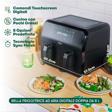 Фритюрниця аерофритюрниця Bella 8L з двома кошиками, сенсорним екраном, 8 функціями, регулюванням температури, таймером, антипригарним покриттям, 1700W, чорна
