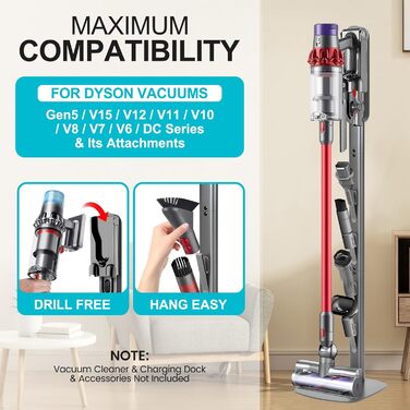 Підставка для пилососів Dyson Gen5 V15 V12 V11 V10 V8 V7 V6, без свердління, з прихованим шнуром, металевий органайзер для бездротових пилососів та насадок, сірий титан