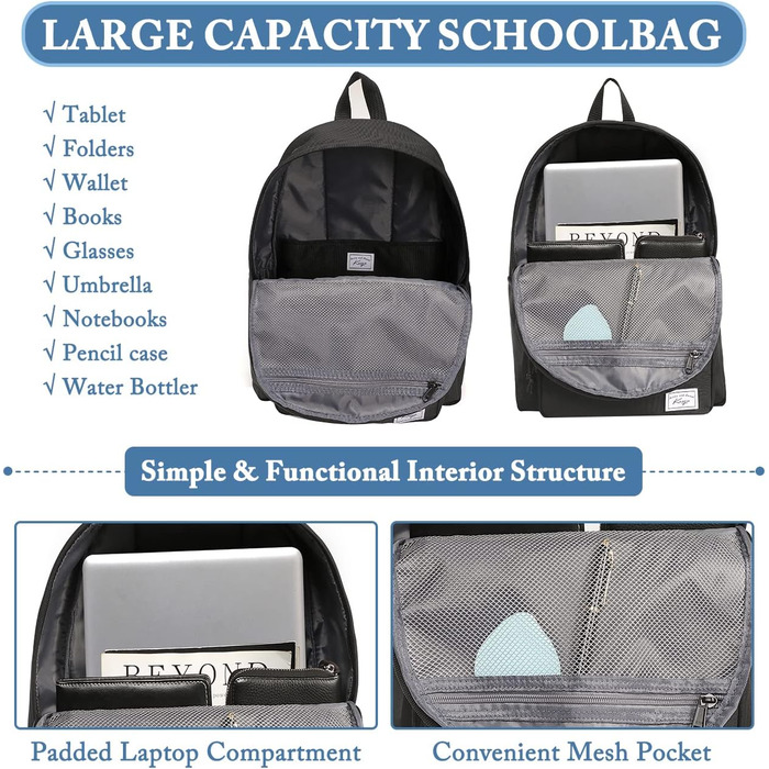 Шкільний рюкзак для підлітків: легкий, 15.6 дюймів, для ноутбука, чорний. Підходить для чоловіків, жінок, хлопців та дівчат, для школи, університету, подорожей та роботи. Об'єм 17,8 л.