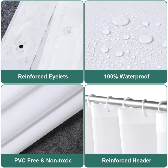 Шторка для душу URAQT, водонепроникна, антигрибкова, швидковисихаюча, PEVA, 180x180 см, 12 кілець, для ванни (Біла)