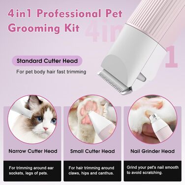 Професійна шерстьрізка для собак та котів Hoofun 4-в-1, IPX7, бездротова, з 4 насадками, для собак, котів, кроликів (біла/рожева)