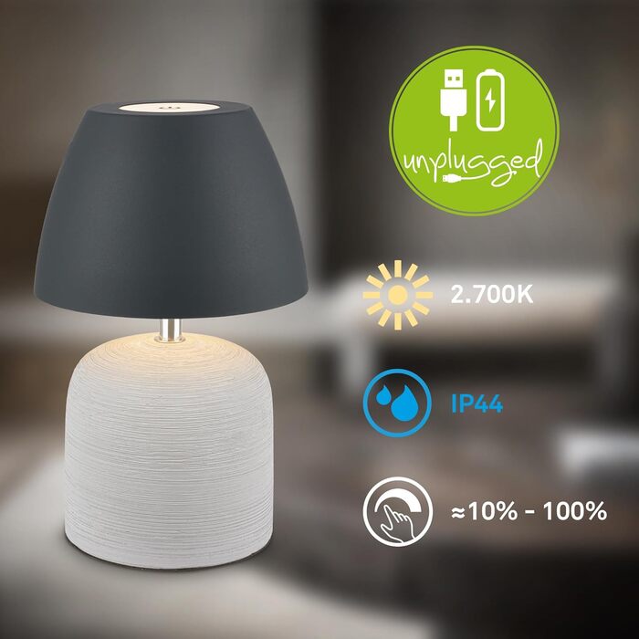 LED-лампа BRILONER настільна бездротова IP44 з сенсором, регулюванням яскравості, керамічним цоколем, для спальні, читання, декору, на вулицю, 13,5x22 см (сіро-антрацит)