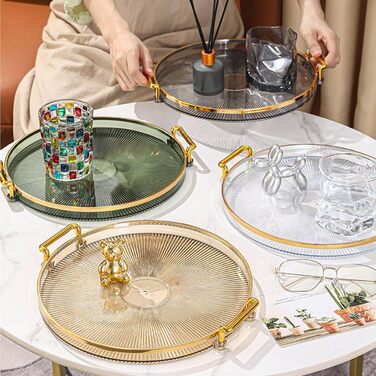 Round Serving Tray with Acrylic Handles, Golden Decorative Tray, Serving Tray for Coffee Table, Centerpiece, Kitchen, Large Metal Tray, Round Tray, Decorative Tray, Decorative Plate, Smoke Gray