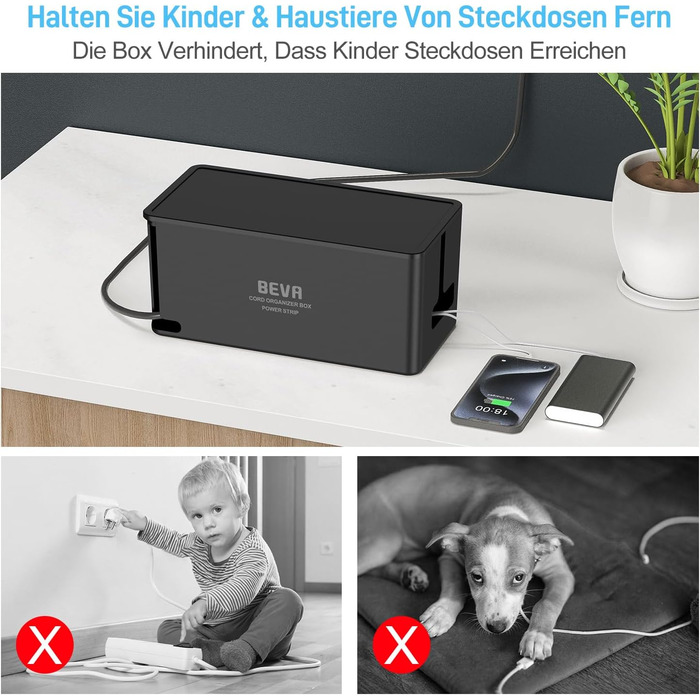 Блочок розеток BEVA з прихованими роз'ємами, 3680W/16A, захист від перенапруги 1050J, 2м кабель, 6 розеток + 3 USB-A + 1 USB-C (15W), з вимикачем, чорний