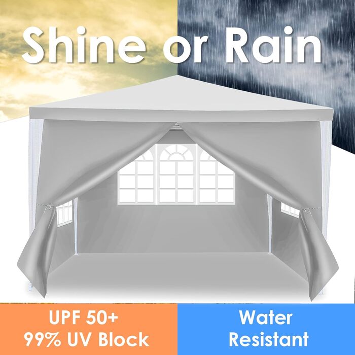 Garden Pavilion - Garden Gazebo with 6 Side Walls and Windows, Stable, UV Protection, Waterproof, Party Pavilion, Folding Garden Tent, Party Tent, for Outdoor, Garden, Party, Wedding (3x3m, White)