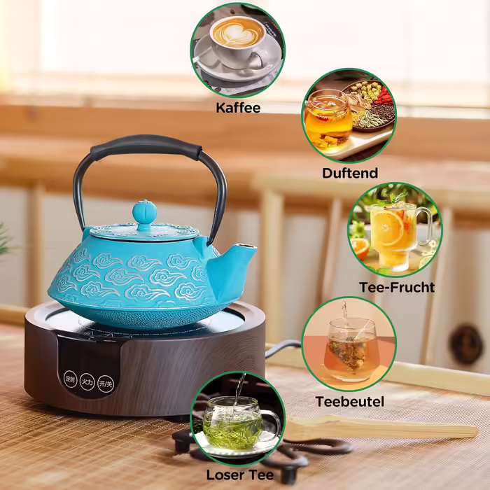 Cast iron teapot, Japanese teapot with infuser for loose tea, 800ml teapot suitable for stovetops, with enameled interior coating, cloud pattern, 27oz Green (Sky-blue)