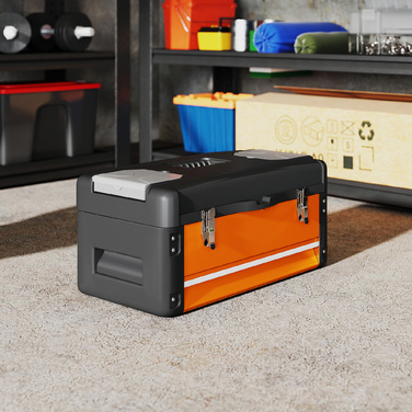 HOMCOM Empty Tool Box, 49.7 x 25.3 x 23 cm Tool Chest with Drawer, Mini-Box, Top Storage Compartment, Handle, Steel Tool Case, Orange | Aosom