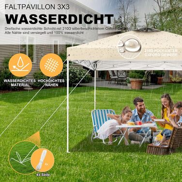 COBIZI Folding Gazebo 3x3, 3x3 Gazebo Waterproof Stable One Push UV Protection Outdoor Party Tent Corrugated Eaves Event Tent Tent Garden Gazebo Pavilion Folding 3x3m With Carry Bag, (Khaki, 3x3 Regular)