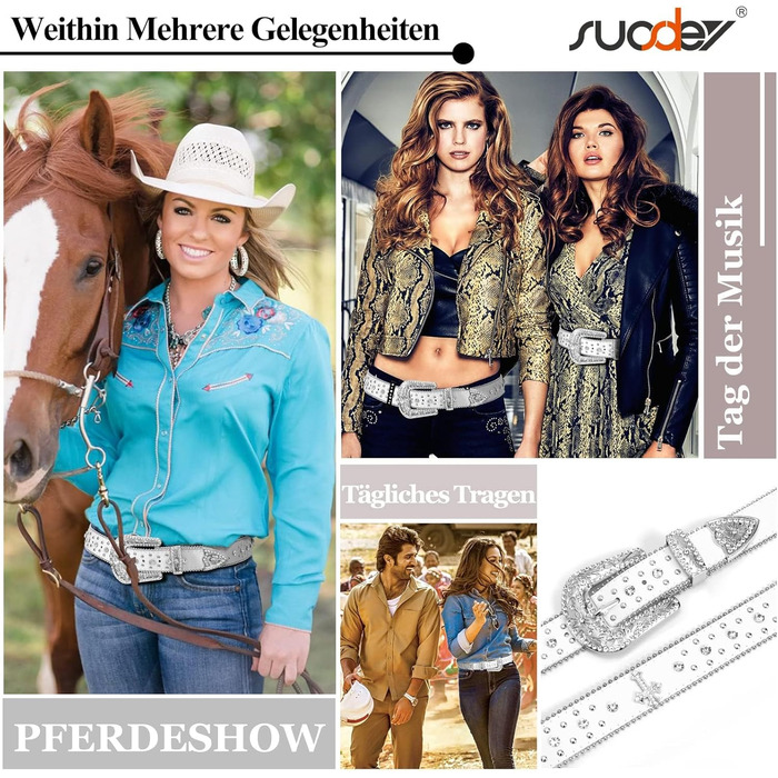 Чоловічий та жіночий шкіряний ремінь SUOSDEY з стразами, ковбойський стиль, 105 см, розмір 71-85 см